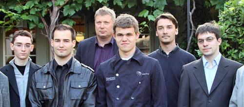 Fabiano Caruana, Yannick Pelletier, Alexei Shirov, Magnus Carlsen, Alexander Morozevich y Maxime Vachier-Lagrave. Biel 2011