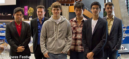 Hikaru Nakamura, Etienne Bacrot, Magnus Carlsen, Wang Hao, Anish Giri y Alexander Morozevich